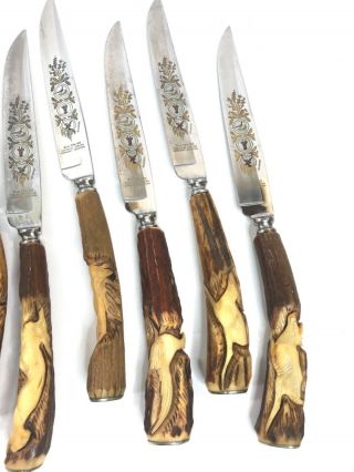 Vintage Germany Solingen Kla - Tra - So Carved Stag Horn 12 Forks Knife Set Hunting 5
