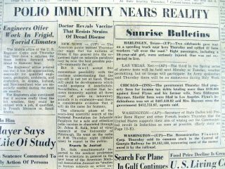 1953 Newspaper Dr Jonas Salk Announces Polio Vaccine Animal Lab Tests Succesful