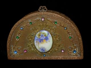 Stunning Antique French Brass Jeweled & Ormolu Trinket Jewelry Vanity Box