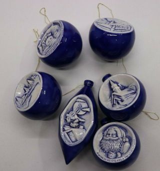 Duncan 1976 Porcelain Night Before Christmas Tree Ornament Set 6 Blue Scene Rare