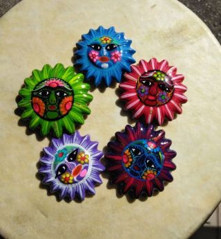 Sun Face Fridge Magnets,  Hand Made 5 Piece Set,  Hand Painted Ceramic,  3 " X 3 "