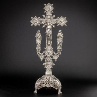 Altar Crucifix | Jesus Virgin Mary St John | Matthew Mark Silvered Metal | 18 "