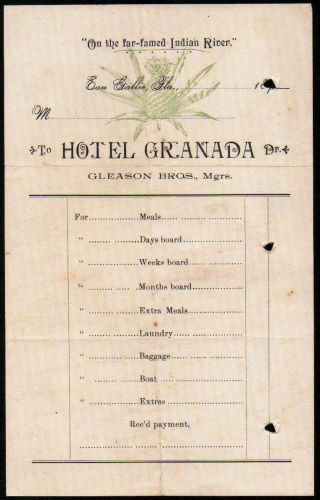 C1890 Eau Gallie Florida - Hotel Granada Letter On Reverse - Letter Head Rare