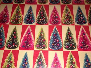 Vtg Christmas Wrapping Paper Gift Wrap 1960 Nos Mcm Retro Decorated Trees