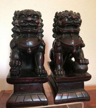 Chinese Lion Foo Dog Statues Pair Male & Female Cinnabar Lacquer Style 7” Tall