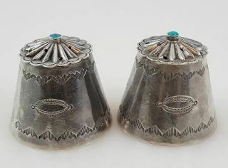 Rare Navajo Fred Harvey Era Turquoise Silver Salt And Pepper Shakers Old Pawn