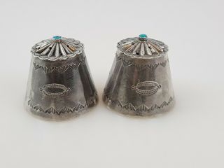 Rare Navajo Fred Harvey Era Turquoise Silver Salt and Pepper Shakers Old Pawn 2