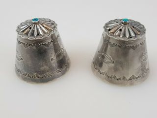 Rare Navajo Fred Harvey Era Turquoise Silver Salt and Pepper Shakers Old Pawn 3