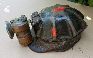 Vintage Miners Helmet Turtle Shell Leather Coal Mining Hat Cap W/ Carbide Light