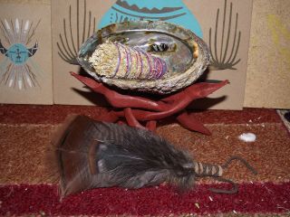Abalone Shell Stand Feather Fan Sage Smudge Kit Shaman Smudging House Cleansing