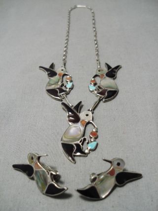 So Intricate Vintage Zuni Native American Hummingbird Sterling Silver Necklace