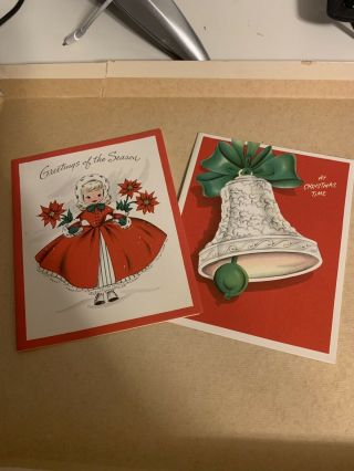 Set Of 2 Vintage 50’s Christmas Greeting Card Girl & Jingle Bell 2