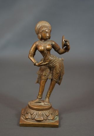 1900 Antique India Hindu Deity Dancing Goddess W Mirror Lost Wax Bronze Figurine