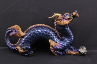 Signed Pena 86 Oriental Dragon Peacock Windstone Figurine W/ Crystal Ball