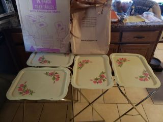Vintage Mid Century Set 4 Metal Tv Tray Tables Floral 559 Melody Old Stock