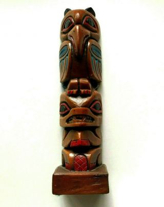 Vintage Painted Totem Pole Signed " Made In Alaska By Raven " Alaskan Souvenir Usa