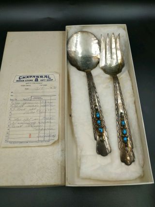 Large Vintage Navajo Sterling/turquoise Serving Fork & Spoon Set