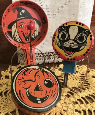 Vintage Halloween Tin Litho Noisemaker Toys,  Sparkler,  Kirchhof Clanger,  Ratchet