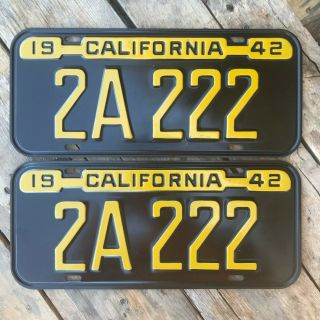1942 California License Plate Pair 2a 222 Yom Dmv Clear Ford Chevy