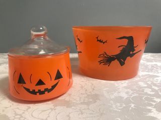 Vintage Hazel Atlas Glass Bowl Halloween Design Orange W/ Black Witches Pumpkin