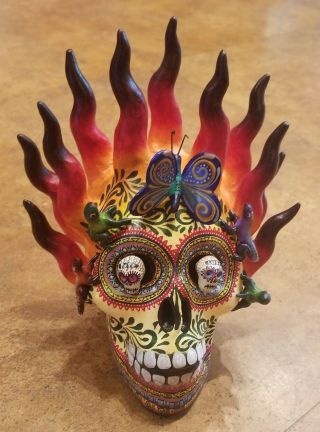 Ceramic Day Of The Dead Flaming Skull By The Castillo Family.