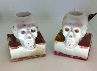 Vintage Set Ceramic Bisque Skull & Book Candlestick Toothpick Match Holder Japan