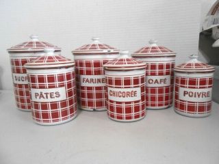 Vintage French Enamel Ware Canisters - Red & White - Set Of 6 W/lids