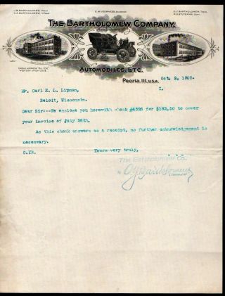 1905 Automobile Manufacturer Peoria - The Bartholomew Company Rare Letter Head