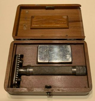 Vintage 1920 Gillette Razor In Wooden Box W Blade Metal Case W 1 Blade