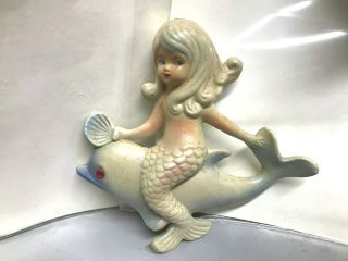 Vtg Plastic Retro Mid Century Mermaid Girl On Dohphin Wall Decor Hangining 6 "