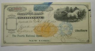 1875 Fayetteville Ny Bank Check.  2c Revenue Stamp Horses & Rider Illustration