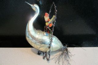 Antique Christmas Ornament Glass Swan & Tinsel W Paper Santa 6 "