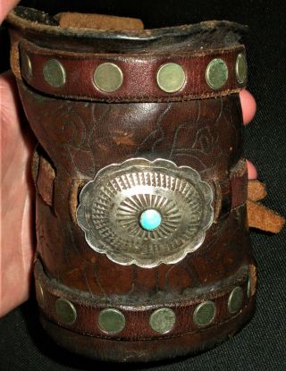 C.  1940 Navajo Sterling Silver Turquoise Concho Ketoh Bow Guard Bracelet Vafo