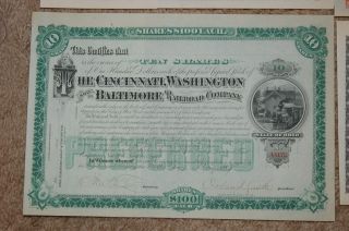 Cincinnati Washington and Baltimore RR Company Stocks (five of them) 1880 ' s 2