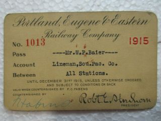 Vtg 1915 Railway Lineman Employee Pass - Railroad Co Portland Eugene Eastern
