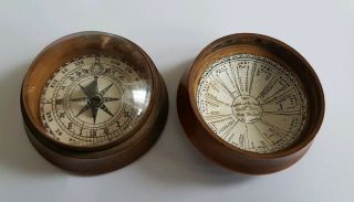 Antique C19th Travelling Pocket Gimbal Sundial Compass In Treen Case