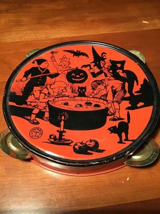 Vintage Antique J Chein 1920 Halloween Tambourine Tin Cats Bats Apples Witches