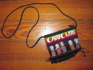 Small Handmade Mayan Indian Worry Doll Cancun Cotton Purse - Long Shoulder Strap