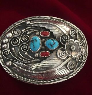 Old Pawn Signed S C Sterling Silver Turquoise & Coral Navajo Belt Buckle