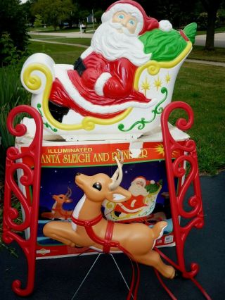 Blow Mold Set Santa Sleigh Reindeer Grand Venture Lighted Vintage Decor