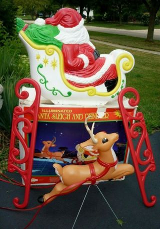 Blow Mold Set Santa Sleigh Reindeer Grand Venture Lighted Vintage Decor 2