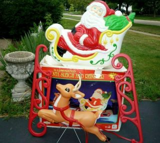 Blow Mold Set Santa Sleigh Reindeer Grand Venture Lighted Vintage Decor 4
