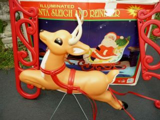 Blow Mold Set Santa Sleigh Reindeer Grand Venture Lighted Vintage Decor 5