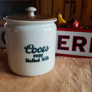 Coors Malt Milk Canister Jar Ceramic With Wooden Lid Prohibition Beer Antique