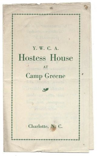 Info Pamphlet For Camp Green Y.  W.  C.  A.  Hostess House,  Charlotte,  Nc - Wwii Era