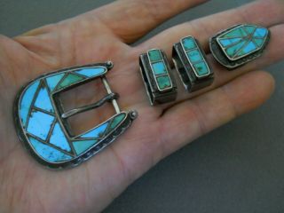 Native American Turquoise Channel Inlay Sterling Silver Buckle Set Or Ranger Set
