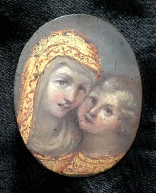Divine Antique Portrait Miniature Oil On Bronze Icon Madonna Gold Paint 17th C