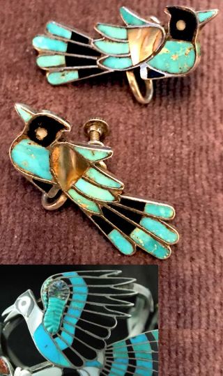 Rare Zuni attr Frank Vacit Screwbk Earrings Thunderbird Mosaic Inlay Pueblo Deco 10