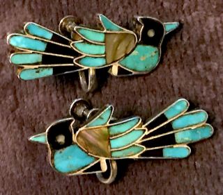 Rare Zuni attr Frank Vacit Screwbk Earrings Thunderbird Mosaic Inlay Pueblo Deco 12