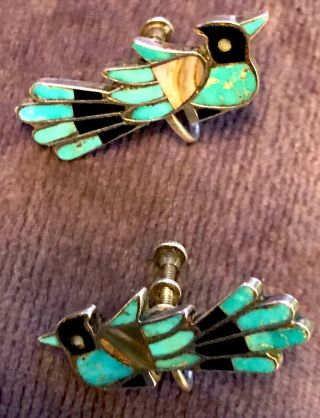 Rare Zuni attr Frank Vacit Screwbk Earrings Thunderbird Mosaic Inlay Pueblo Deco 4